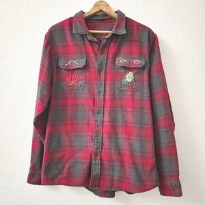 1-of-1 Reworked XL ORVIS Red Plaid Flannel Shirt Custom Cannabis 420 Embroider